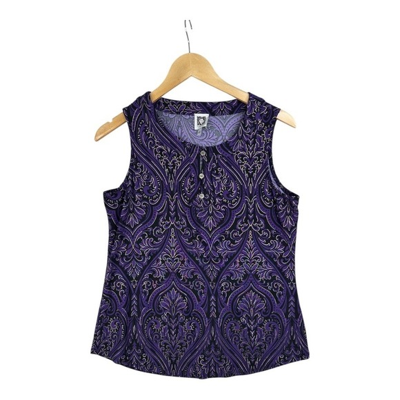 Anne Klein Blouse Women's Small Purple Black‎ Metallic Round Neck Henley Shirt - Picture 1 of 7
